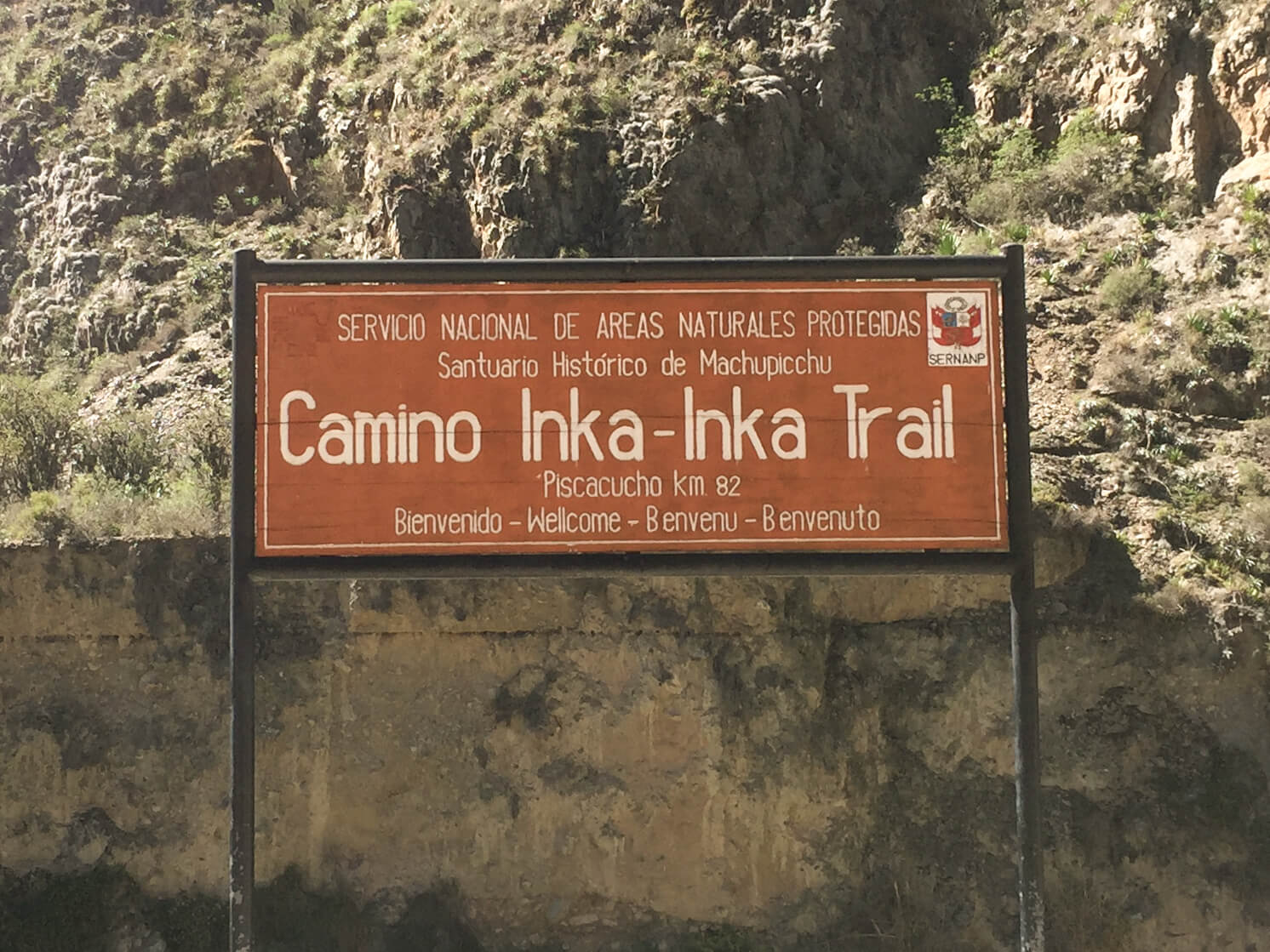 KM 82 sign on the inca trail