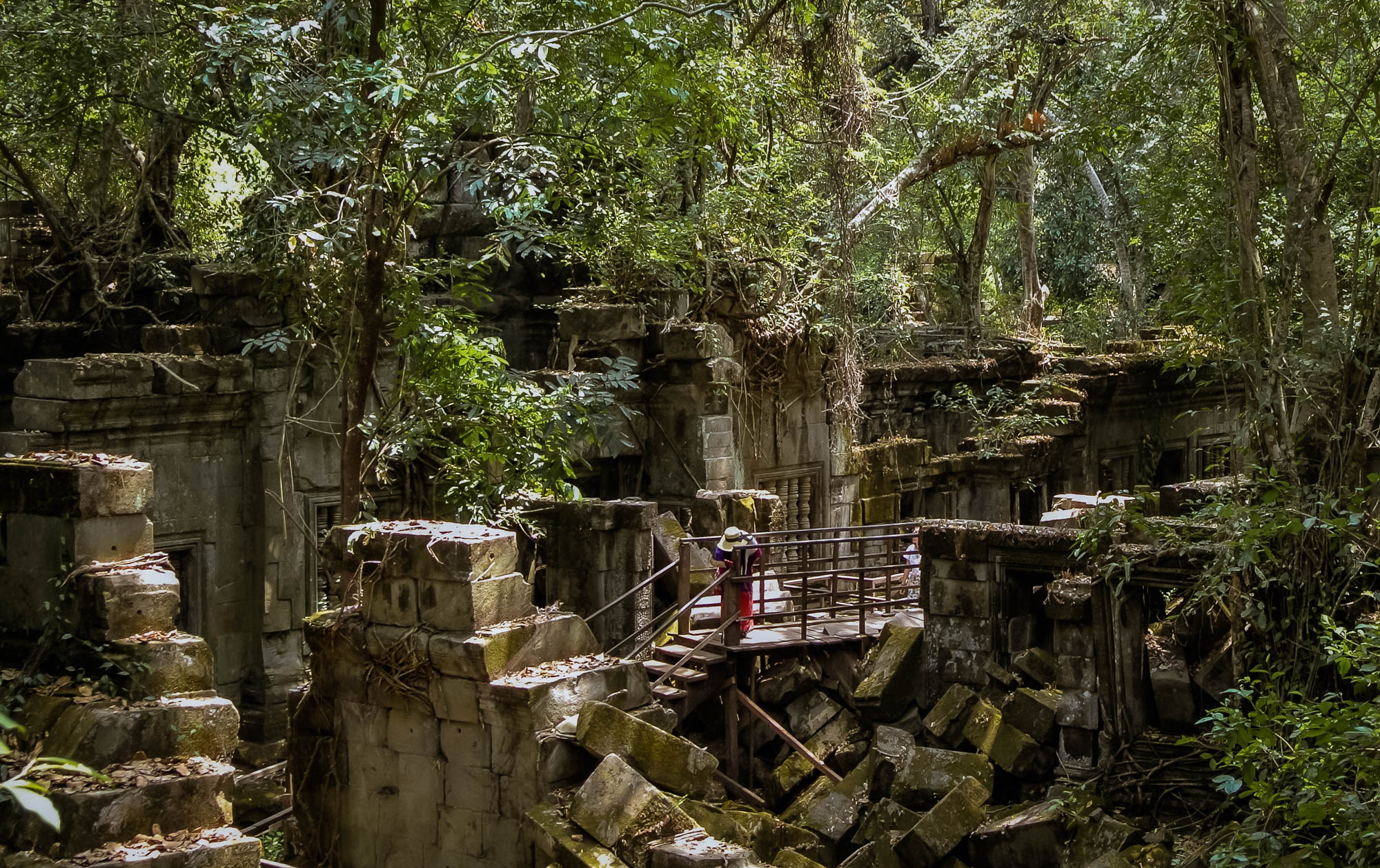 Lady walks along path in hidden temples of Siem Reap