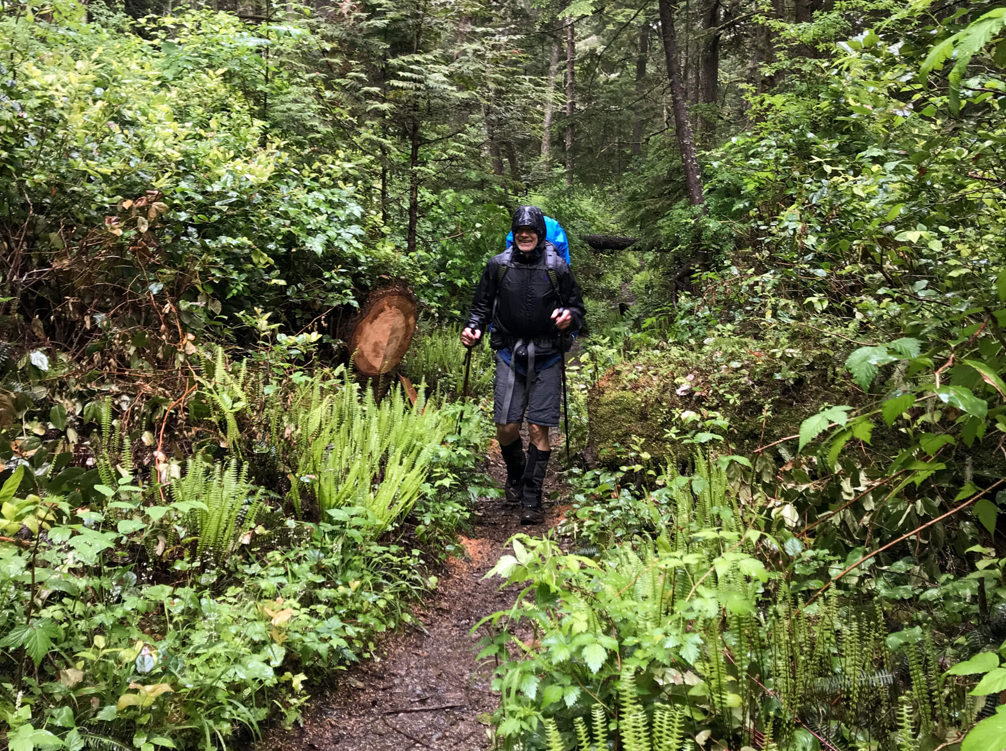 backpacker in a shel jacket on the West Coast Trail